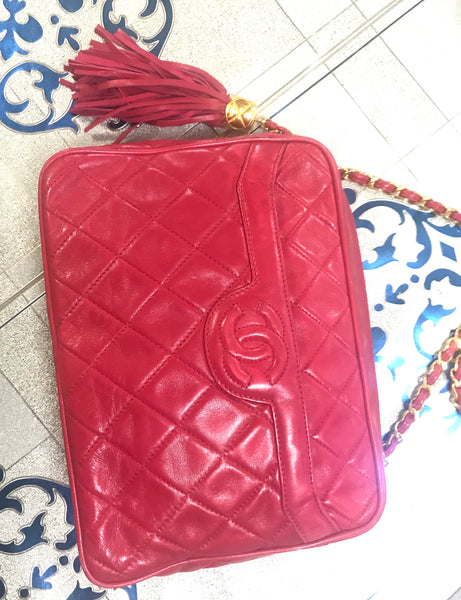 Vintage Chanel red lambskin camera bag style chain shoulder bag