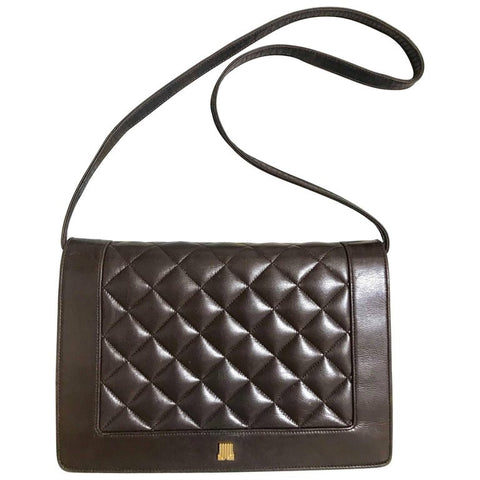 Vintage LANVIN dark brown lamb leather quilted stitch design shoulder bag, clutch purse with golden logo motif. Matelasse design purse.