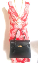Vintage Oscar de la Renta black leather Kelly bag. Classic and masterpiece handbag.
