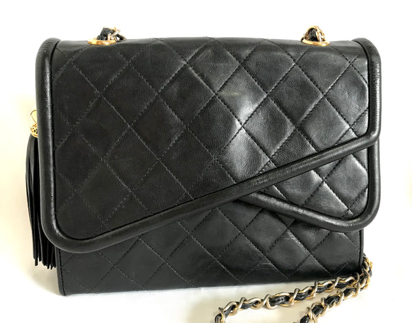 Chanel 1990s Quilted Black Leather Crossbody Bag with Tassel