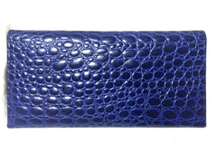 Vintage Gianni Versace croc-embossed leather blue wallet with golden round embossed logo motif. Unisex great gift.