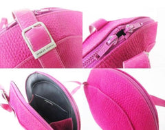 Vintage Charles Jourdan pink satin bag in round shape with logo motif and leather strap.