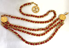 80's Vintage CHANEL red leather and chain belt with golden CC charms. Must-have belt from CHANEL. Triple layer belt.