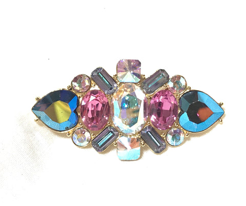 Vintage Yves Saint Laurent colorful crystal brooch pin. Must have jewelry piece. blue heart, pink crystal stones. For hat, scarf, jacket etc