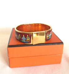 Vintage Hermes cloisonne enamel golden click and clack Flacon bangle with wine red and colorful perfume bottle design. Great gift idea