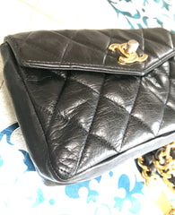 Vintage CHANEL black lambskin hip bag, fanny pack with logo bar golden chain belt. Belt legnth max 33", 84cm.