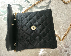 Vintage Chanel black quilted satin fabric mini pouch, coin purse, long necklace with golden chain and CC motif. Great gift Chanel jewelry