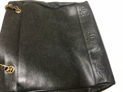Vintage CHANEL black caviarskin chain large tote bag, shoulder purse with CC stitch marks. Classic and daily use bag