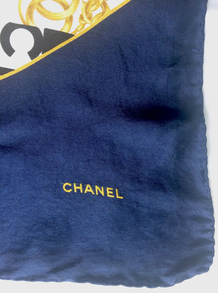 Chanel Navy Chain and Floral CC Silk Scarf