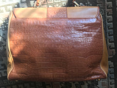Vintage FENDI genuine brown leather kelly style handbag with croc-embossed leather and square logo plate. Rare masterpiece.