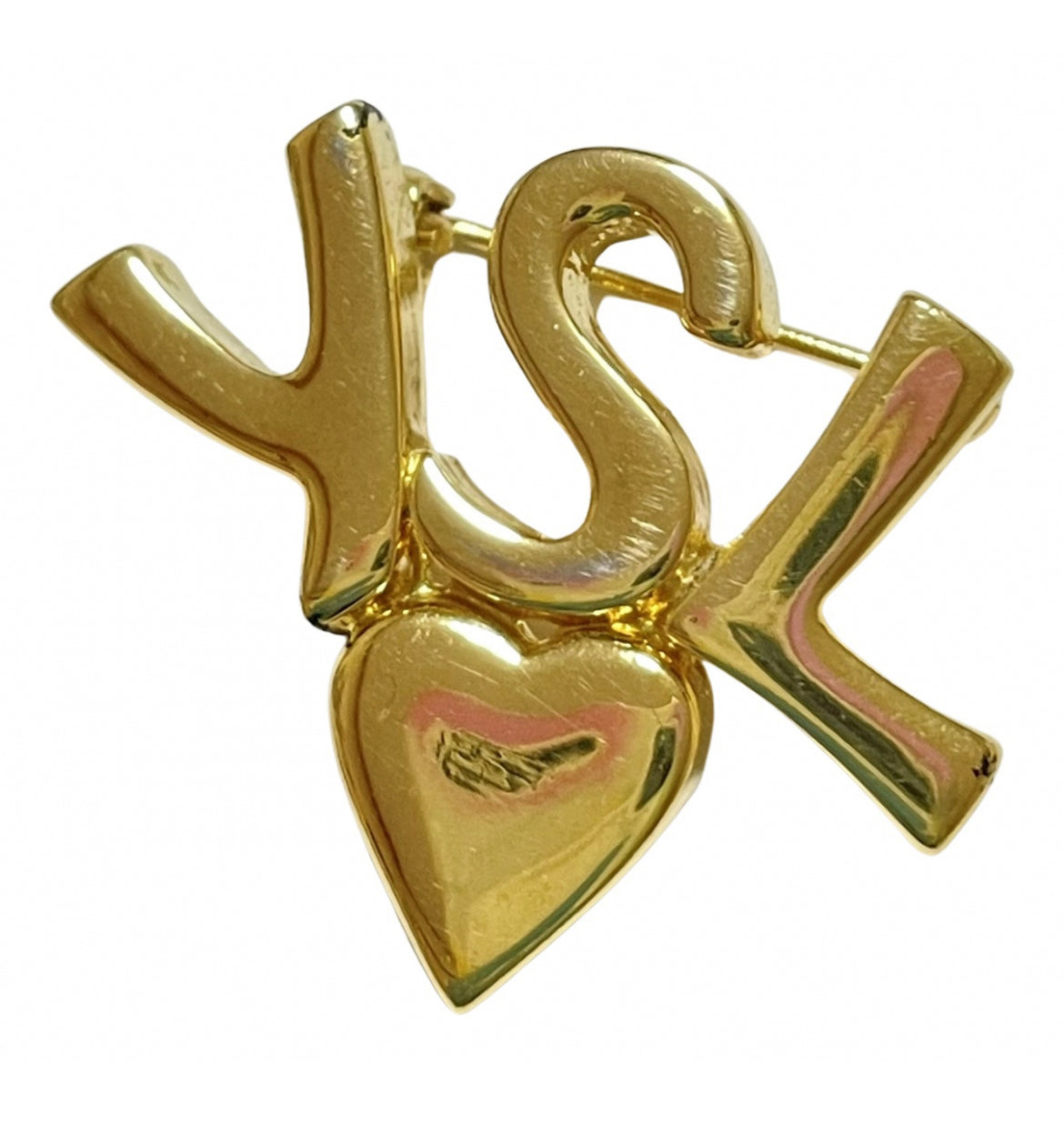 YVES SAINT LAURENT YSL Brooch Gold Plated Logo Pin Brooch Heart