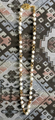 Vintage CHANEL golden chain and faux pearl long necklace with arabesque CC mark motif. Can be double or used as a  belt as well.