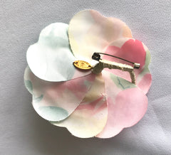 Vintage CHANEL colorful, watercolor print silk camellia flower brooch pin. Very chic and cute. Chanel iconic flower jewelry. 050323re5