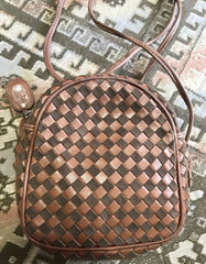 F2 Vintage Valentino Garavani brown intrecciato mini pouch style shoulder bag with V logo embossed pull. Classic purse.