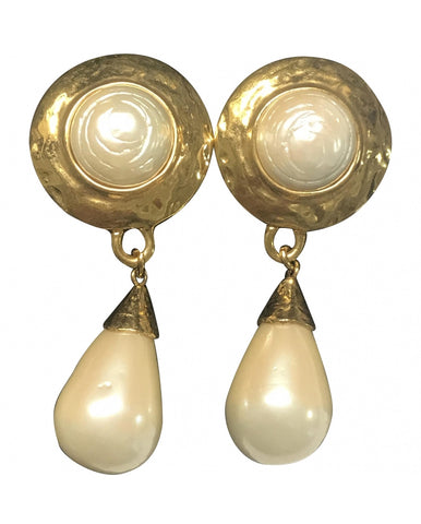 Vintage Yves Saint Laurent golden dangling earrings with round and teardrop white faux pearls.  Rare YSL jewelry.