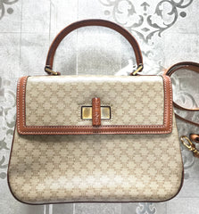 Vintage Celine beige macadam blaison handbag with brown leather trimming. Classic purse. Shoulder bag.