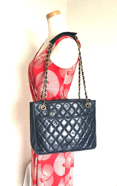 Vintage CHANEL dark navy quilted lambskin tote bag with gold tone