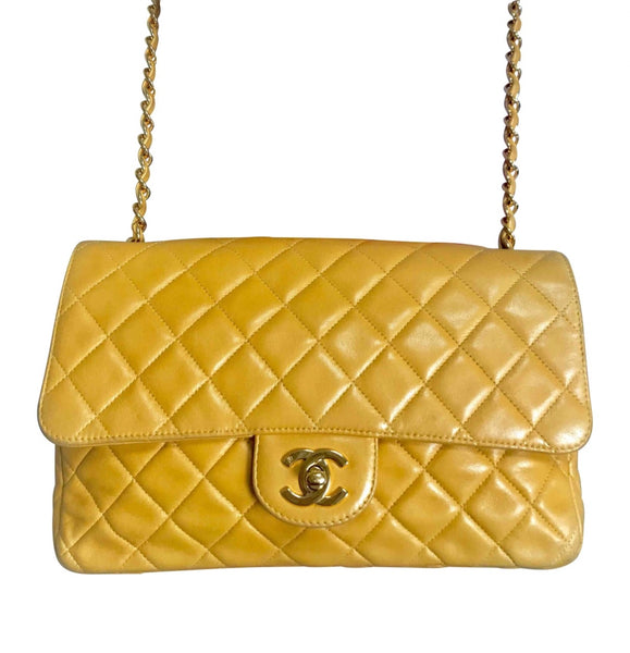 Vintage Chanel classic 2.55 rare yellow color soft lamb leather
