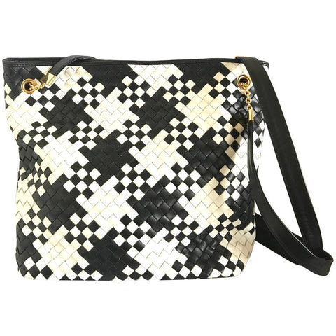 Vintage Bottega Veneta intrecciato woven lambskin shoulder tote bag in black and white mosaic pattern. One-of-a-kind purse from the old era.