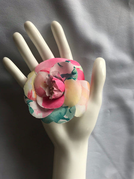 Vintage CHANEL colorful, watercolor print silk camellia flower brooch pin.  Very chic and cute. Chanel's representing flower jewelry.