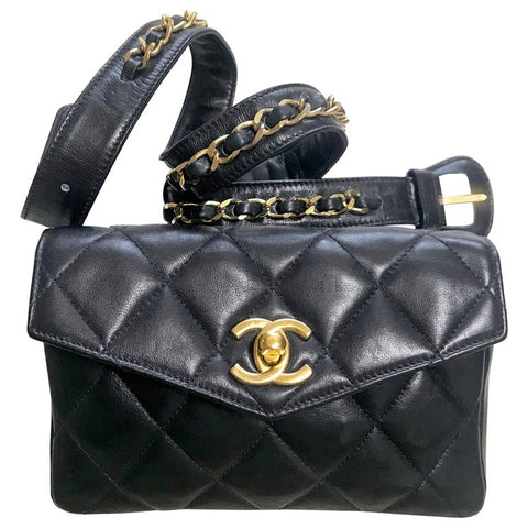Vintage 80's CHANEL Waist Size XS Black Quilted Leather Belt-Bag