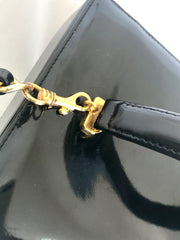 Vintage CHANEL patent enamel vanity bag, lunchbox shape shoulder bag with golden circle CC motif. Lady Gaga style.