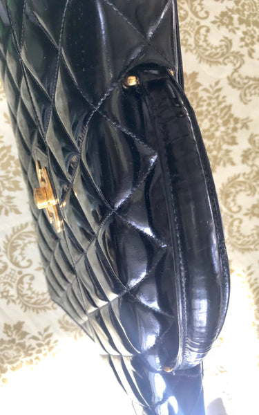 1990s. Vintage CHANEL black patent enamel briefcase business bag