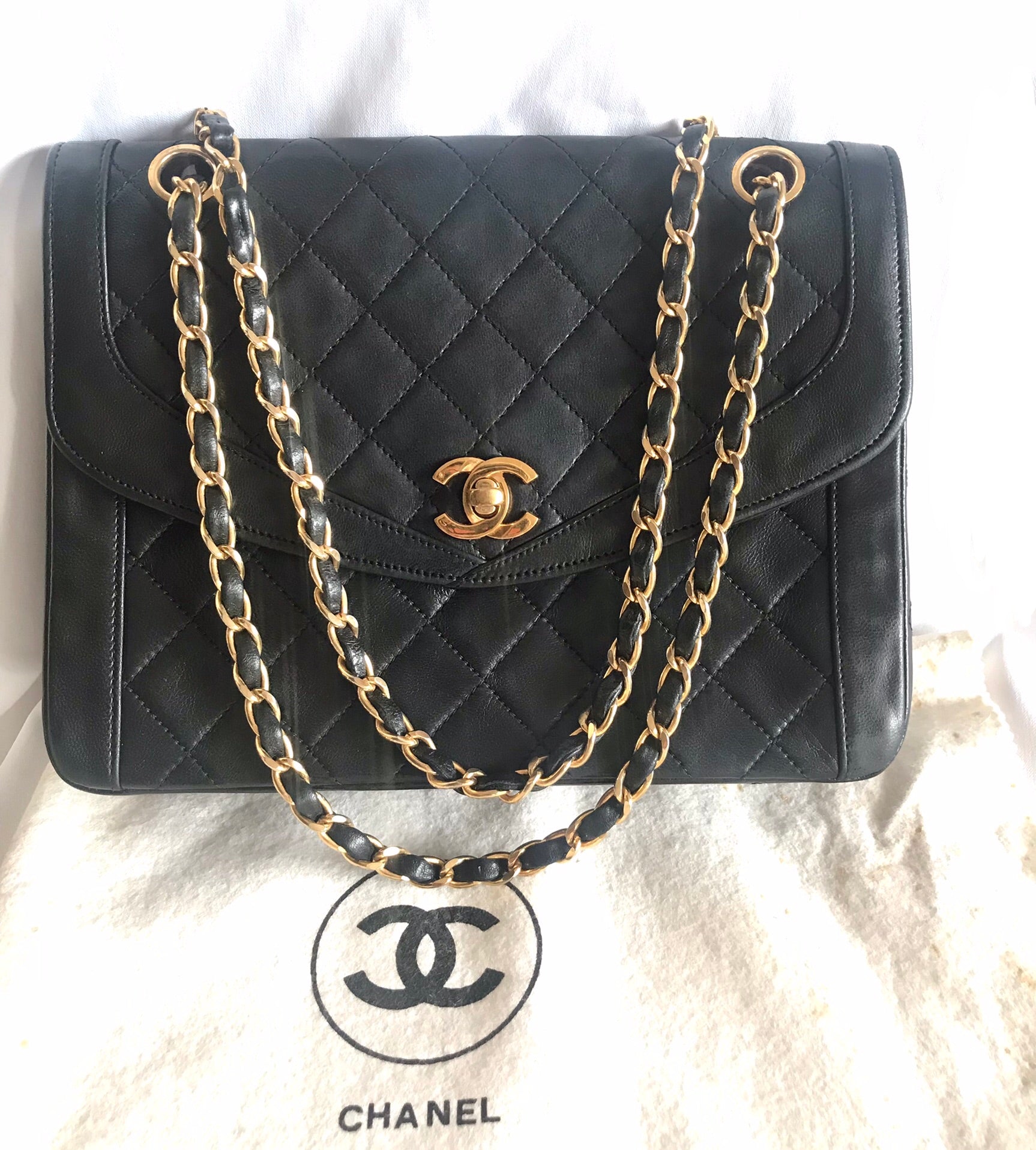 Vintage Chanel black lambskin rare double chain 2.55 shoulder bag