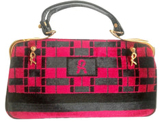 Vintage Roberta di Camerino wine red, grey, and black geometric pattern velvet handbag with golden logo charms. Rare masterpiece purse.