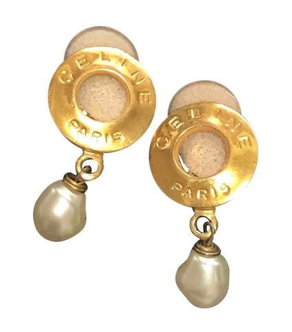 Vintage Celine golden round frame earrings with dangle faux pearl. Classic jewelry piece back in the era.