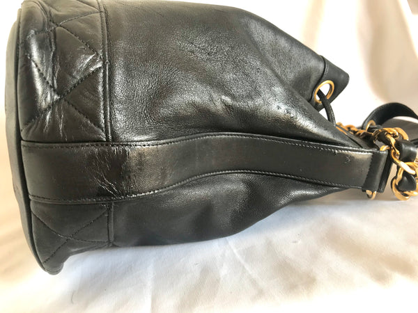 Vintage CHANEL black lamb leather hobo bucket drawstring shoulder