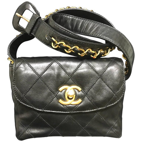 Vintage CHANEL black leather waist purse, fanny pack, hip bag with