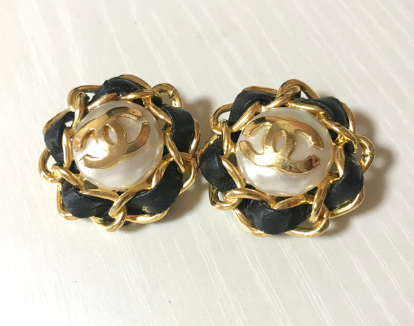 Vintage CHANEL earrings with golden CC, faux pearl, black leather and chain  frame. Perfect Chanel jewelry