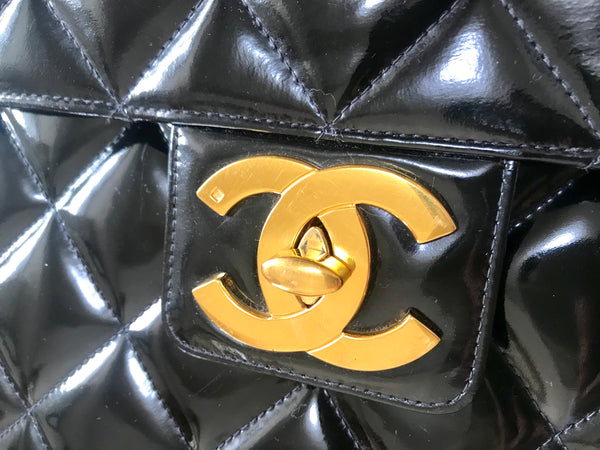 1990s. Vintage CHANEL black patent enamel briefcase business bag