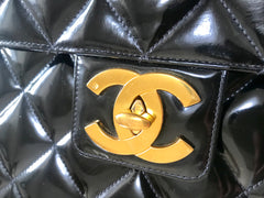 1990s. Vintage CHANEL black patent enamel briefcase business bag with golden large CC motif. Classic and traditional masterpiece you must have.