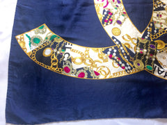 Vintage CHANEL large navy 100% silk scarf with gold, pink, ivory, purple, multicolor Gripoix, chain, jewelry print in CC mark. Gorgeous wrap