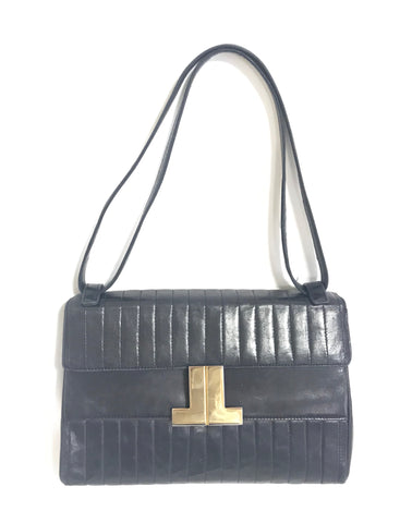 Vintage LANVIN classic dark navy lamb leather vertical stitch design shoulder bag with iconic golden logo motif. For daily use.