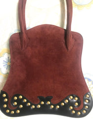 Vintage Christian Lacroix genuine wine brown suede leather sexy feminine shape bag with golden logo motif and studs.  Hot purse. 0602062