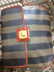 Vintage FENDI pecan stripe large handbag, purse with brown leather trimming and gold tone closure, Fendi classic bag.