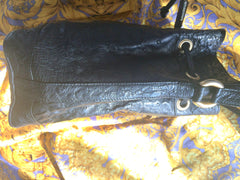 80's vintage BALLY genuine black ostrich leather hobo bucket shoulder bag with golden B logo and drawstrings.