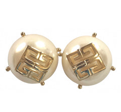 Vintage Givenchy extra large round pearl earrings with logo mark. Gorgeous jewelry piece.