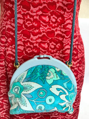 Vintage Emilio Pucci blue velvet fabric hand-made kiss lock pouch, clutch bag with shoulder strap.