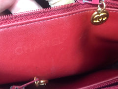 Vintage CHANEL cherry red caviar leather quilted shoulder bag, tote with golden CC ball and chain straps. Classic bag.