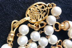 Vintage CHANEL golden chain and faux pearl long necklace with arabesque CC mark motif. Can be double or used as a  belt as well.