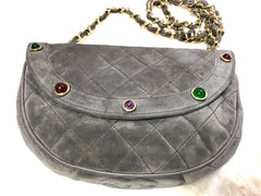 Vintage CHANEL beige brown, cocoa brown suede leather chain shoulder bag with green, red, and purple gripoix stones. Rare masterpiece.