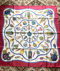 Vintage HERMES Carre large silk scarf with blue, yellow, green, pink, multicolor perfume bottle print in wine. Qu' importe le flacon.