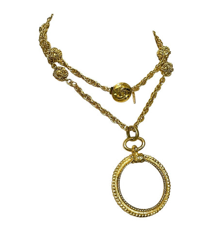 Vintage CHANEL golden chain necklace with loupe glass pendant top and ball charms. Gorgeous masterpiece. 0410131ac