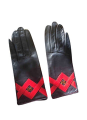 MINT. Vintage HERMES black lambskin gloves with golden H logo with red triangle stitch design. Perfect vintage gift for the season. size 7.5