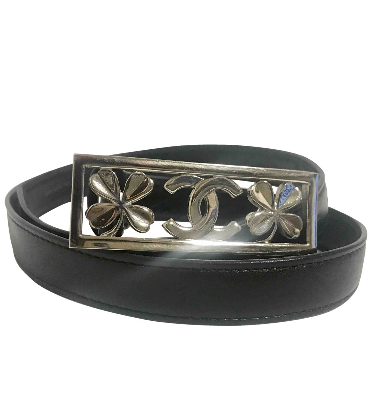 Chanel Black Leather Belt with Silver Logo Buckle - 32