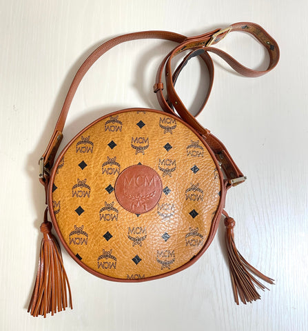 Vintage MCM brown monogram round Suzy Wong shoulder bag with brown leather trimmings. Designed by Michael Cromer. Unisex. 0409275